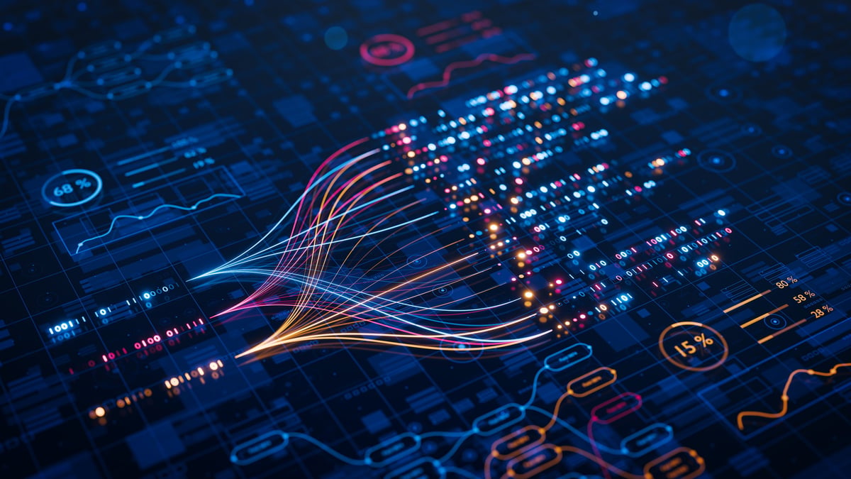 Neural network and data streams representing AI-powered business automation